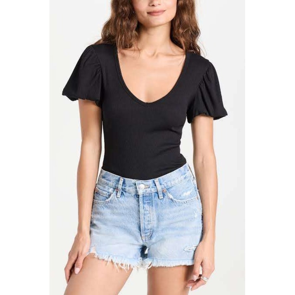 Nation LTD Nico Puff Short Sleeve Top Womens Small Black Ribbed Scoop Neck